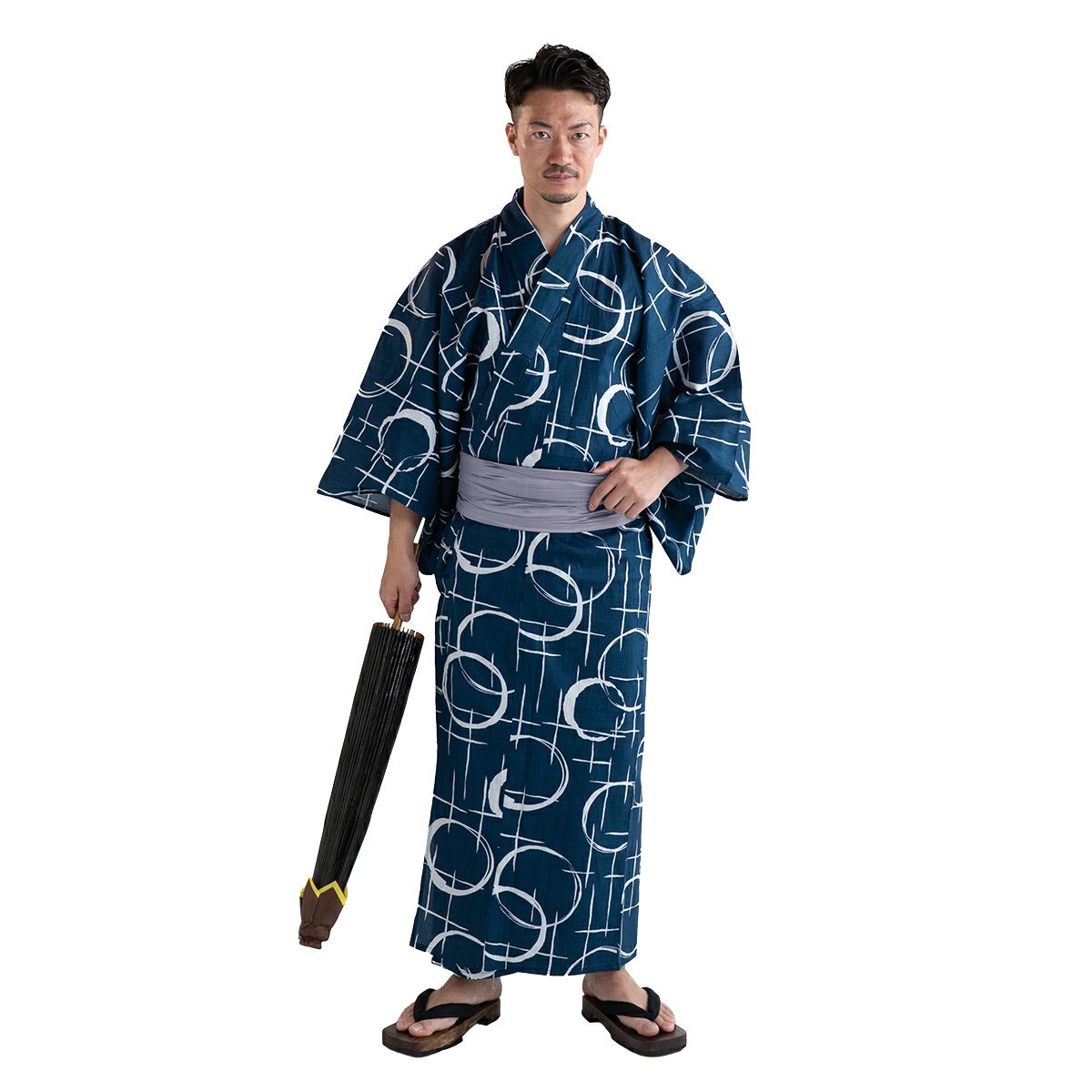 滝流れ 綿 丸に十字 紺 M～LL （浴衣+シルバー兵児帯+腰紐）