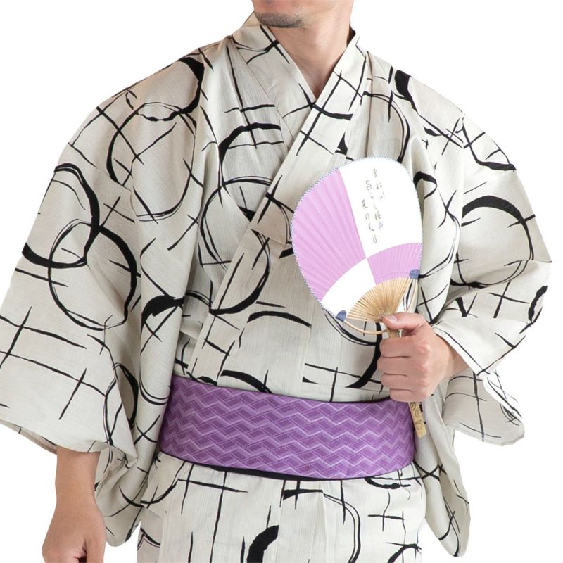 丸に十字 ベージュ M～LL （浴衣+紫角帯+腰紐）