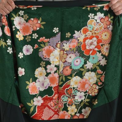 すぐに着られる男羽織 正絹 深緑 振袖柄 L 173cm前後対応