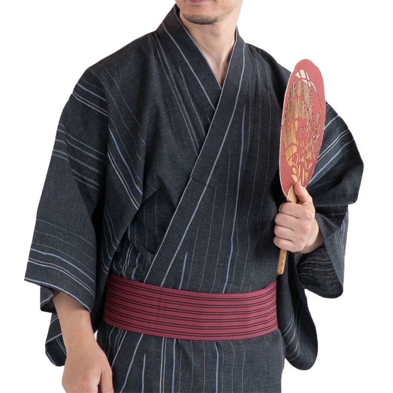 清涼感のある大人浴衣セット 近江ちぢみ 綿麻 縞 濃グレー 165cm