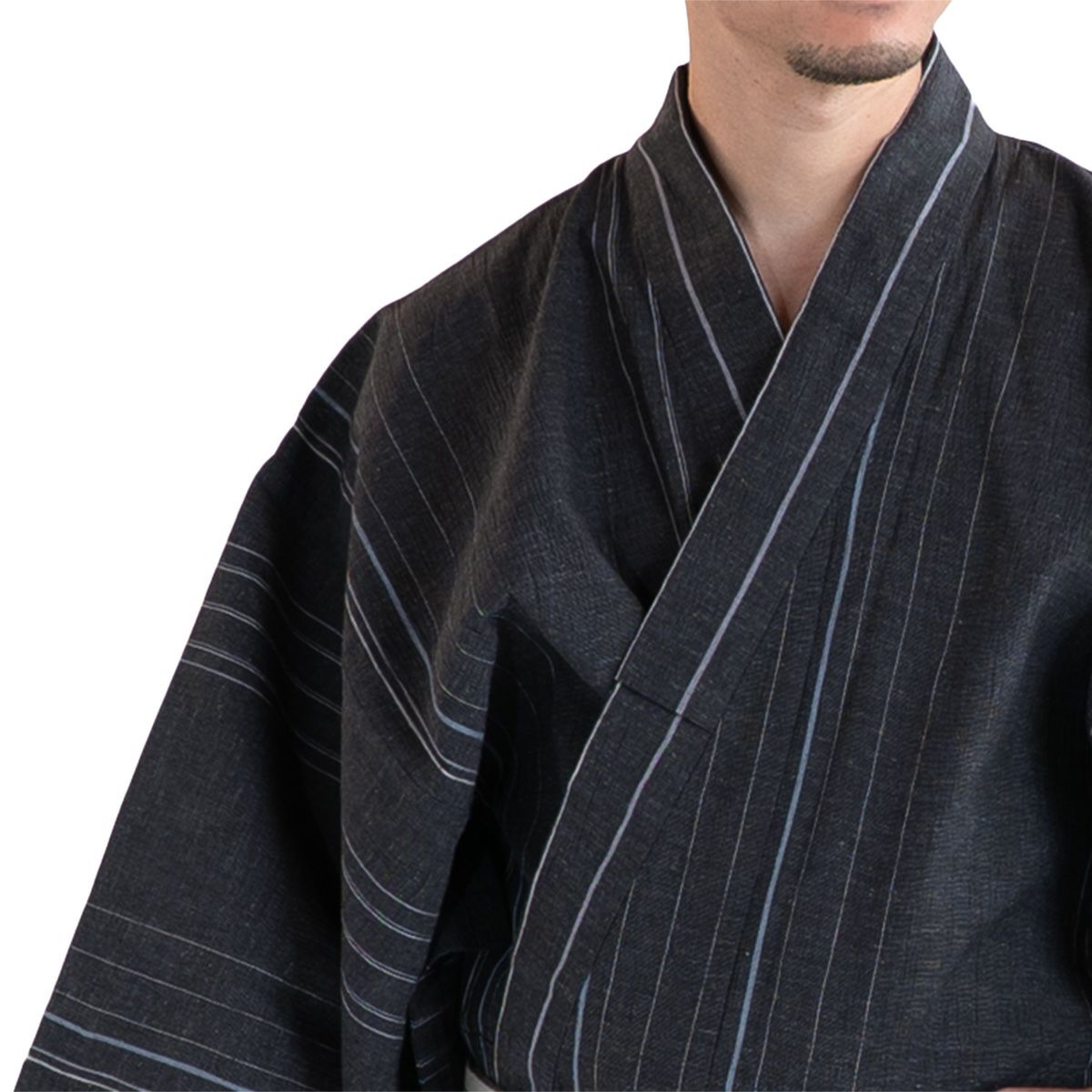 近江ちぢみ 綿麻 濃グレー縞 （浴衣+ワインレッド縞角帯+男締め）