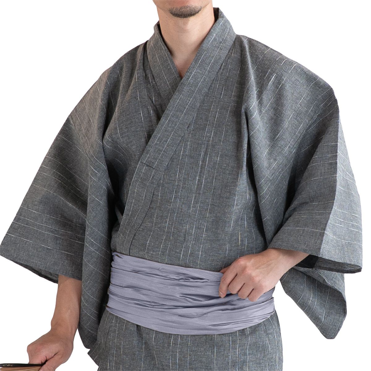 近江ちぢみ 綿麻 グレー （浴衣+シルバー兵児帯+男締め）