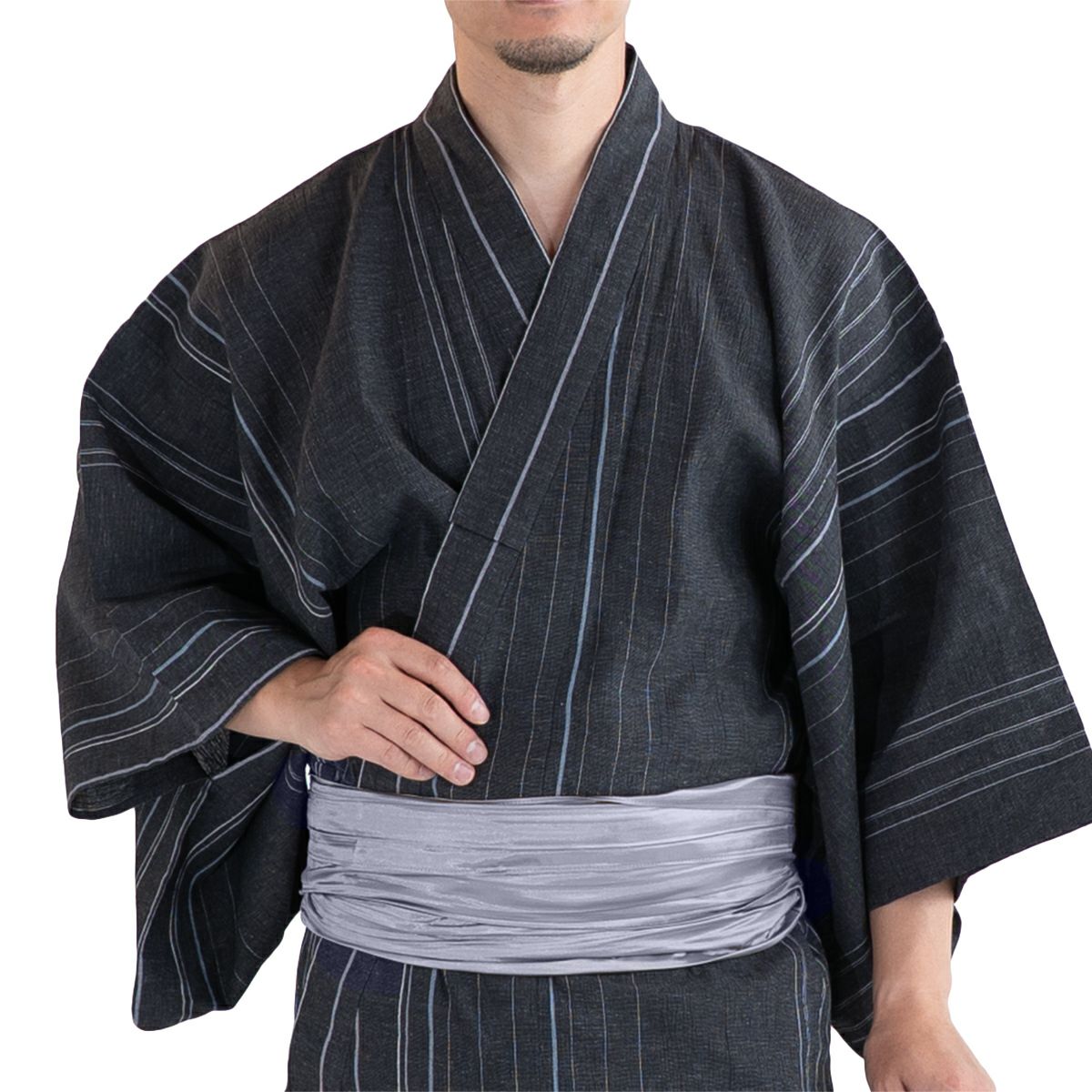 近江ちぢみ 綿麻 濃グレー縞 （浴衣+シルバー兵児帯+男締め）