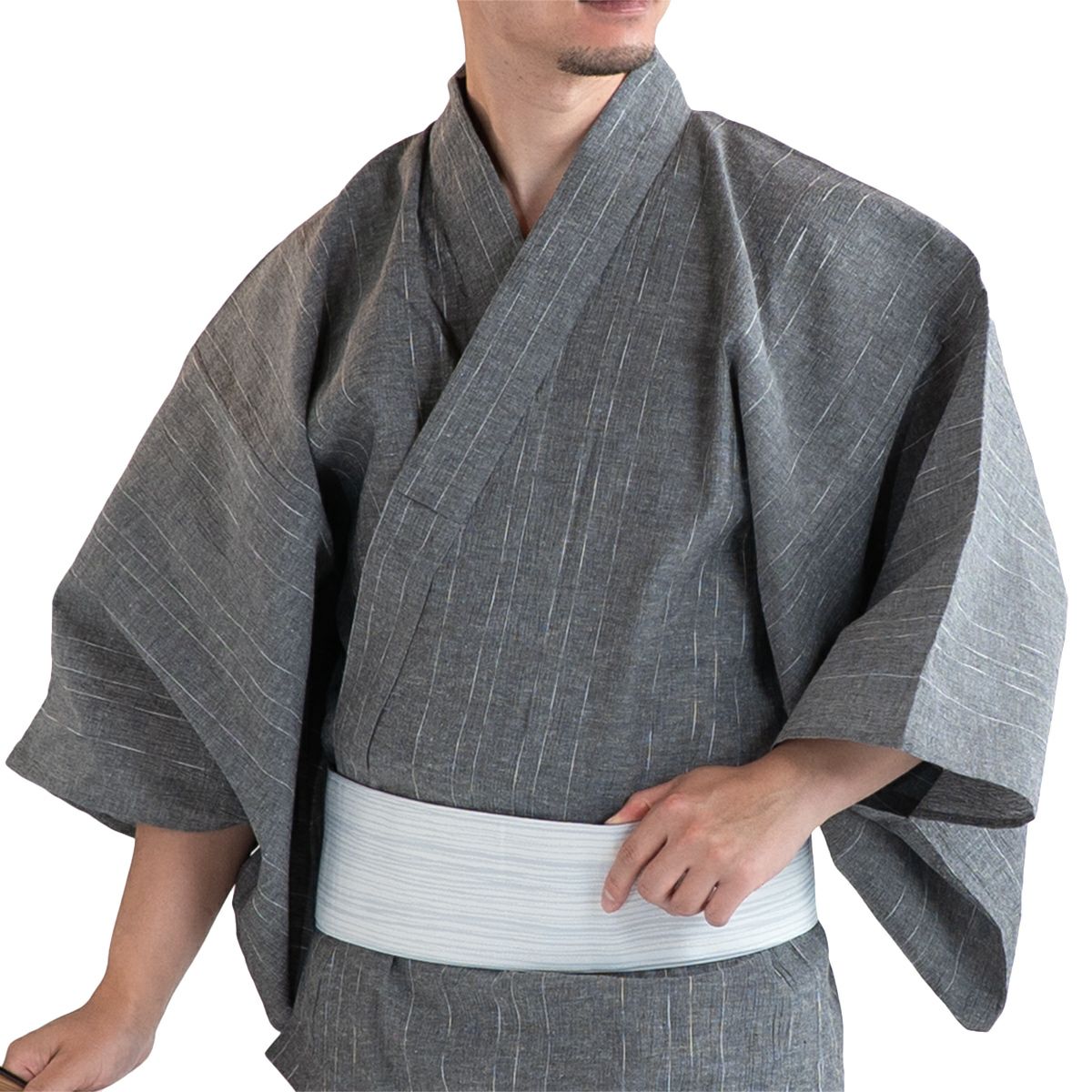近江ちぢみ 綿麻 グレー （浴衣+グレー縞角帯+男締め）