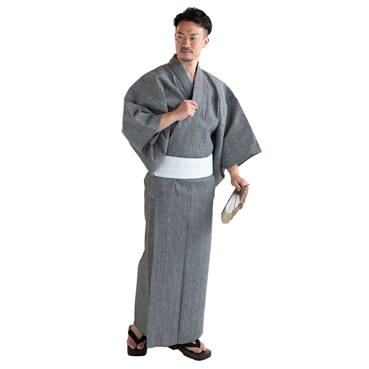 近江ちぢみ 綿麻 グレー （浴衣+グレー縞角帯+男締め）