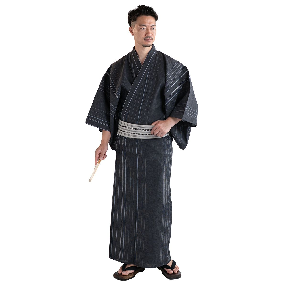 近江ちぢみ 綿麻 濃グレー縞 （浴衣+献上グレー角帯+男締め）