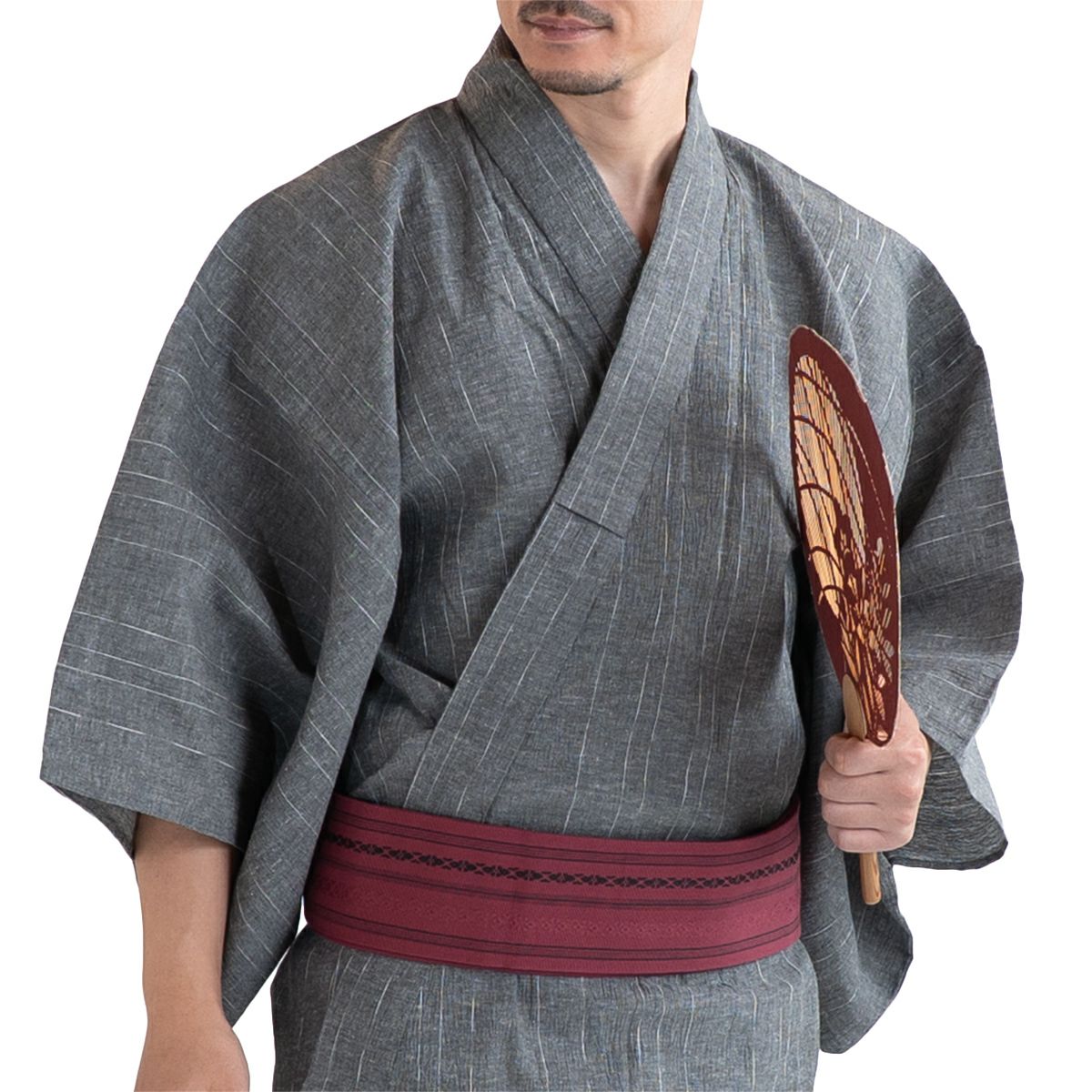 近江ちぢみ 綿麻 グレー （浴衣+献上ワインレッド角帯+男締め）