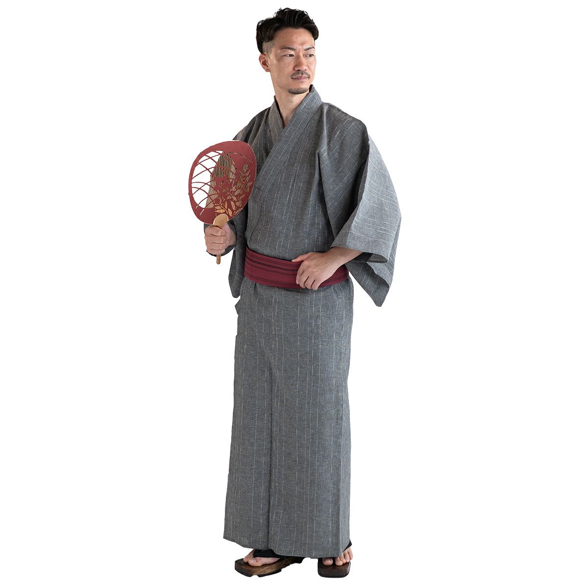 近江ちぢみ 綿麻 グレー （浴衣+献上ワインレッド角帯+男締め）