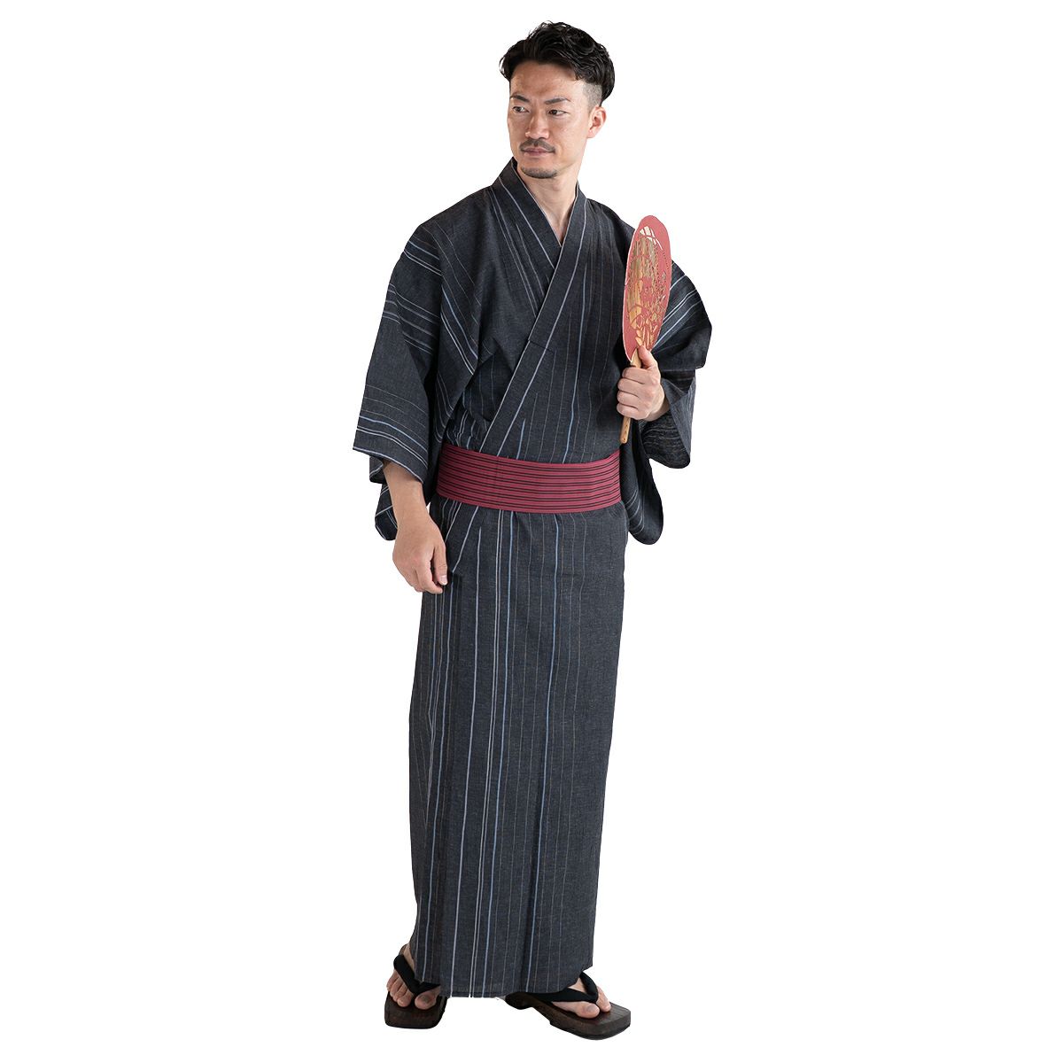 近江ちぢみ 綿麻 濃グレー縞 （浴衣+ワインレッド縞帯+男締め）