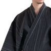 近江ちぢみ 綿麻 濃グレー縞 （浴衣+ワインレッド縞帯+男締め）