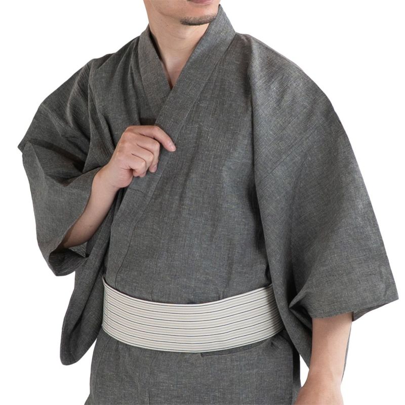 近江ちぢみ 綿麻 グレー無地 （浴衣+生成縞帯+男締め）