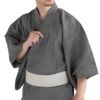 近江ちぢみ 綿麻 グレー無地 （浴衣+生成縞帯+男締め）