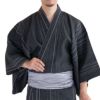近江ちぢみ 綿麻 濃グレー縞 （浴衣+シルバー兵児帯+男締め）