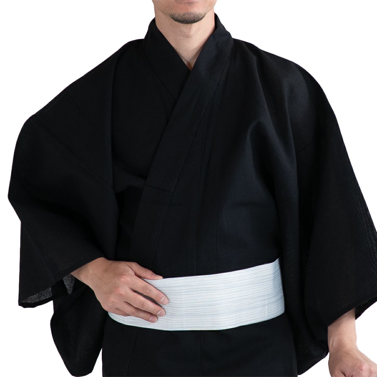 しじら 綿麻 黒 M～LL （浴衣+グレー縞角帯+腰紐）