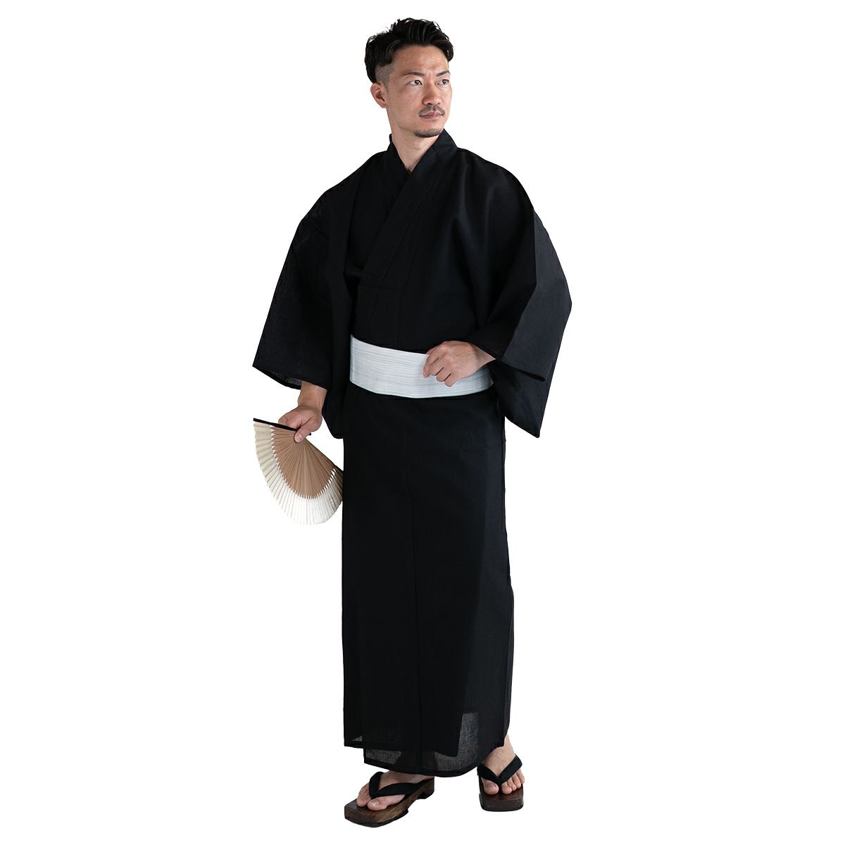 しじら 綿麻 黒 M～LL （浴衣+グレー縞角帯+腰紐）