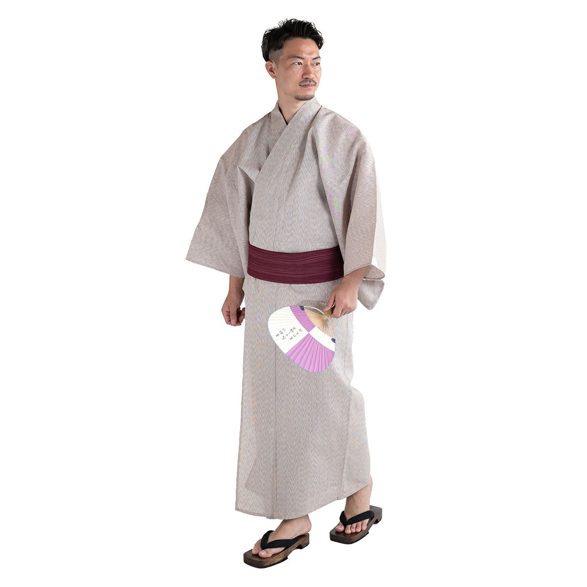 浴衣セット しじら 綿麻 オフホワイト M～LL （浴衣+縞赤紫角帯+腰紐）