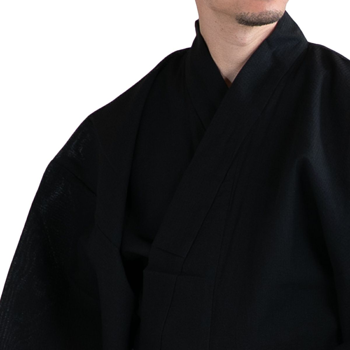 浴衣セット しじら 綿麻 黒 M～LL （浴衣+蔓カーキ角帯+腰紐）