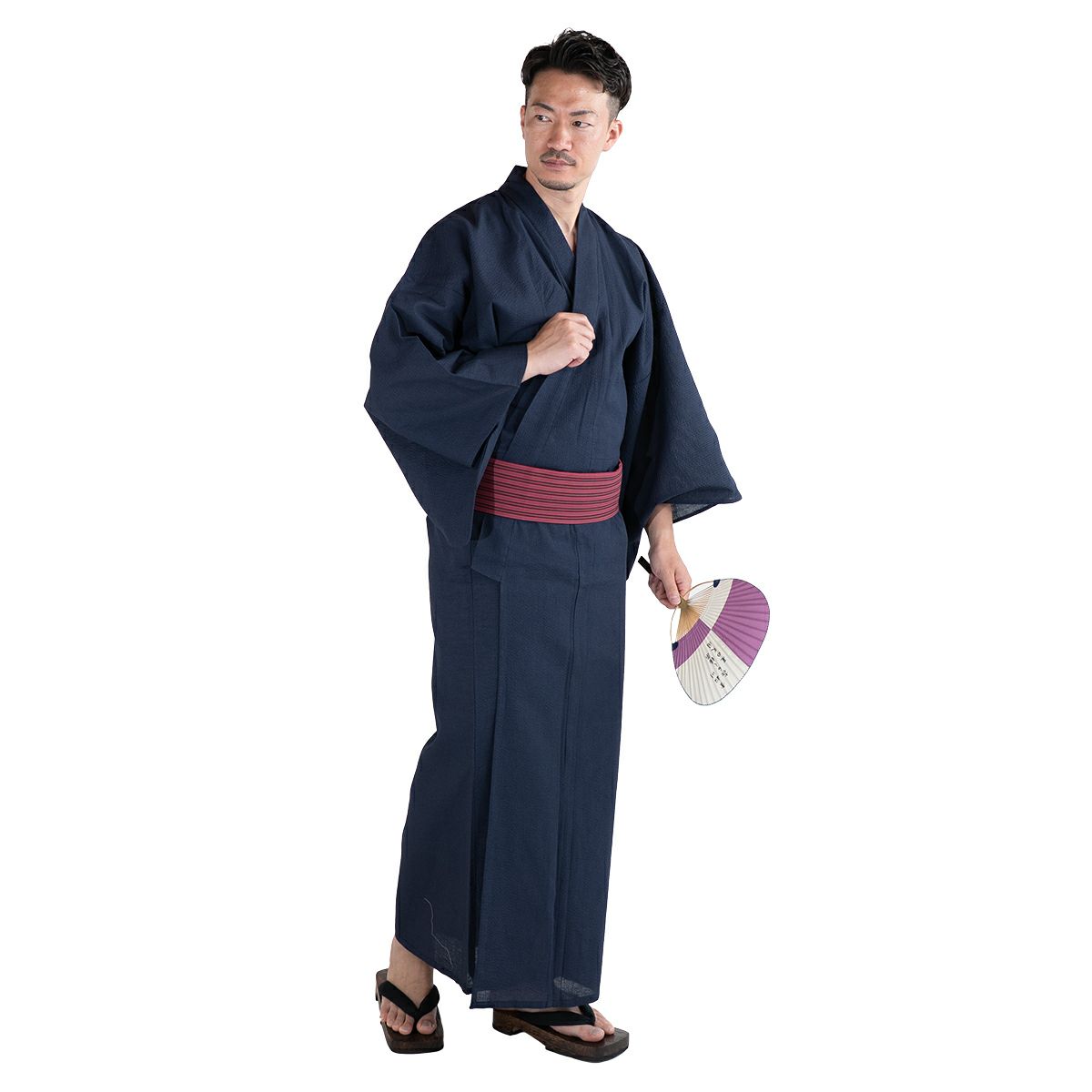 浴衣セット しじら 綿麻 紺 M～LL （浴衣+ワインレッド縞角帯+腰紐）