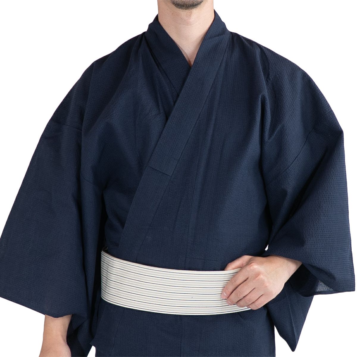 浴衣セット しじら 綿麻 紺 M～LL （浴衣+生成縞角帯+腰紐）