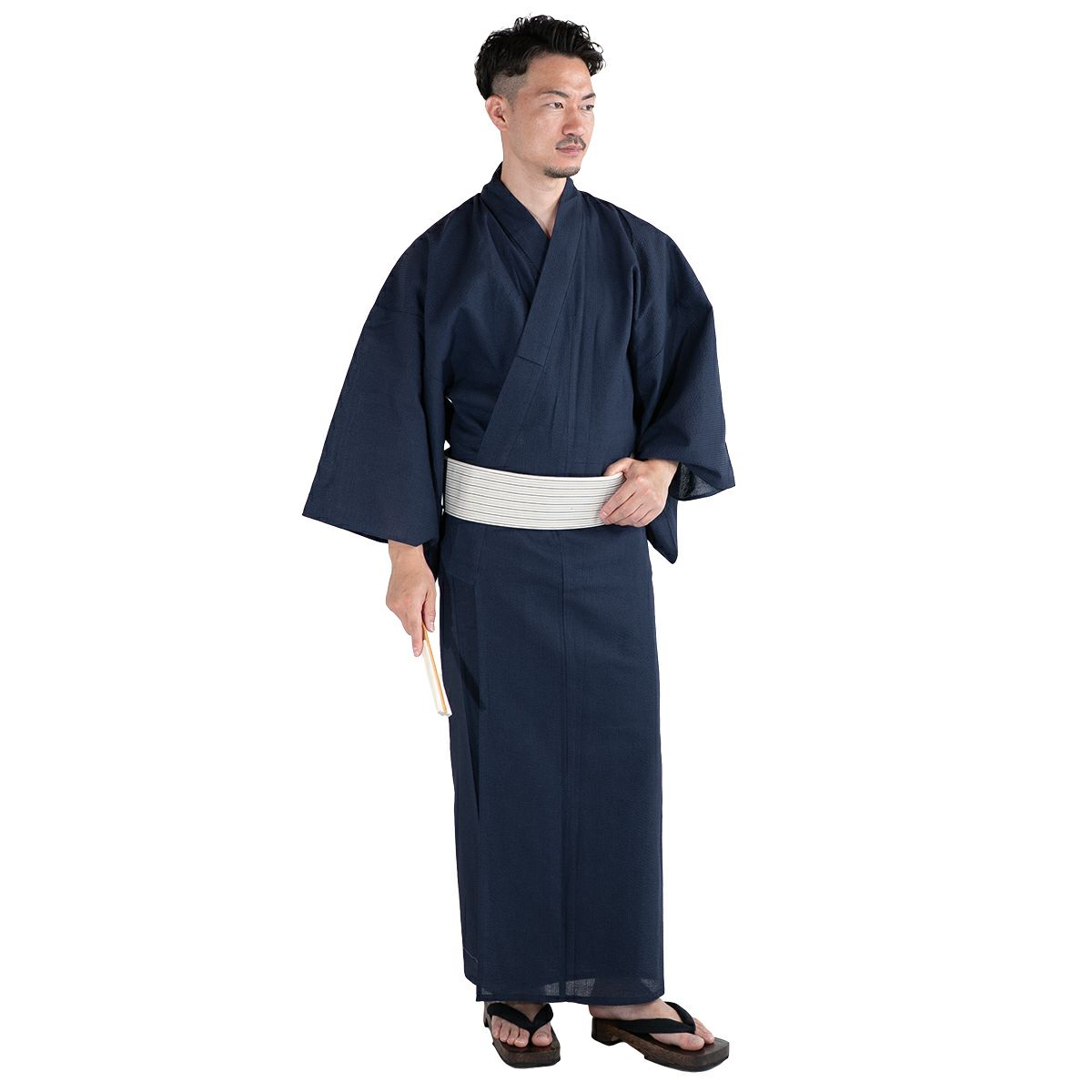 浴衣セット しじら 綿麻 紺 M～LL （浴衣+生成縞角帯+腰紐）