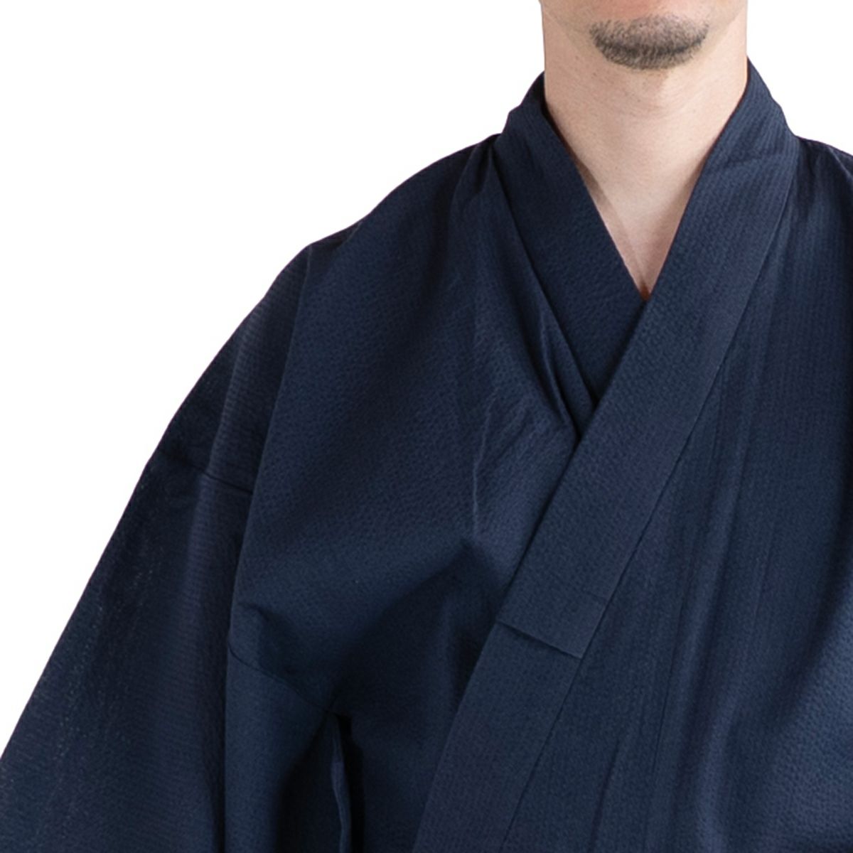 浴衣セット しじら 綿麻 紺 M～LL （浴衣+生成縞角帯+腰紐）