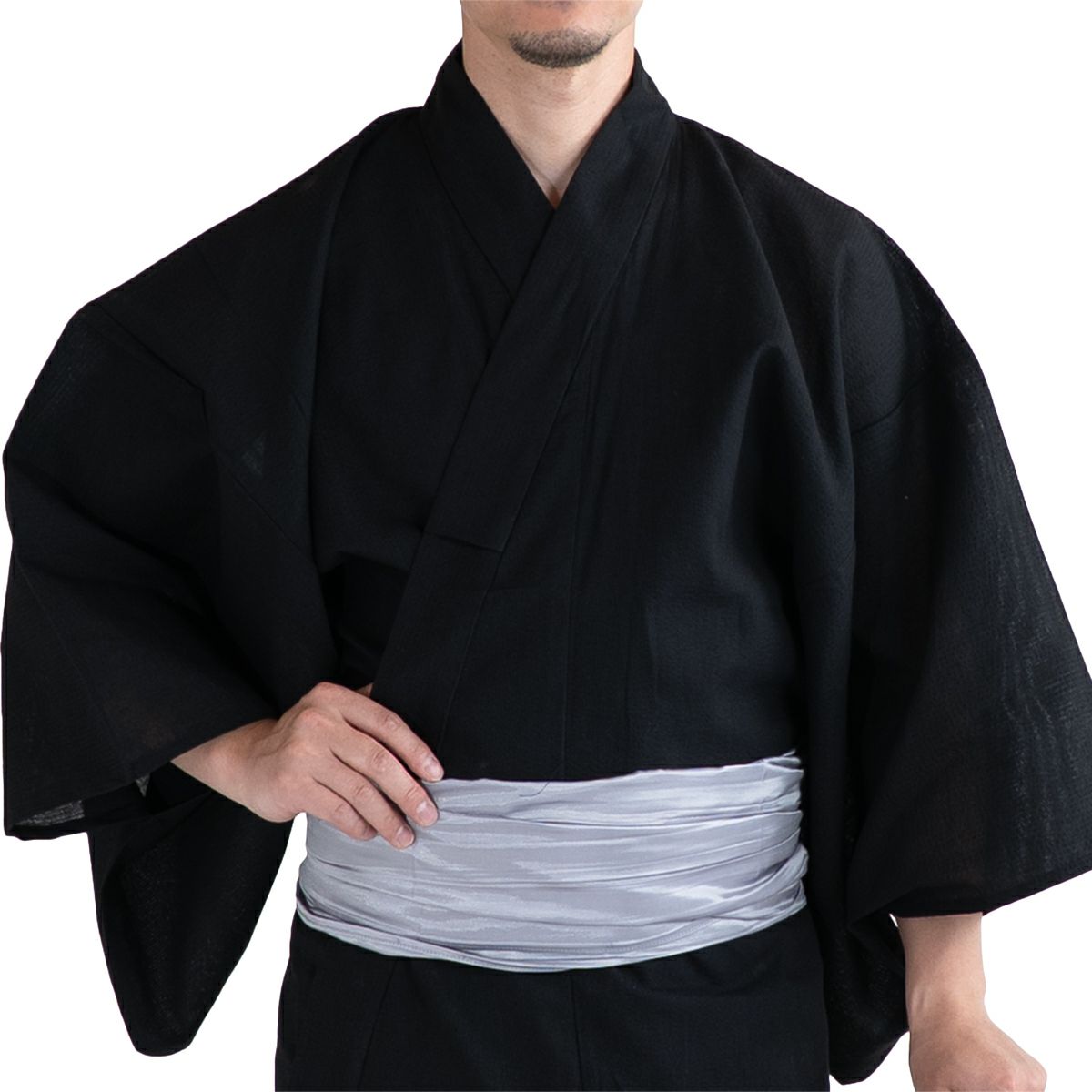 浴衣セット しじら 綿麻 黒 M～LL （浴衣+シルバー兵児帯+腰紐）