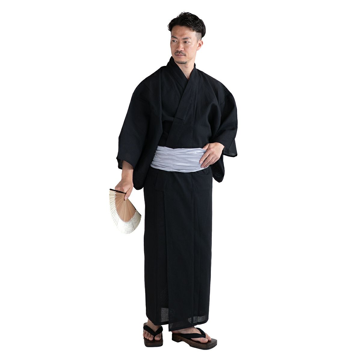 浴衣セット しじら 綿麻 黒 M～LL （浴衣+シルバー兵児帯+腰紐）