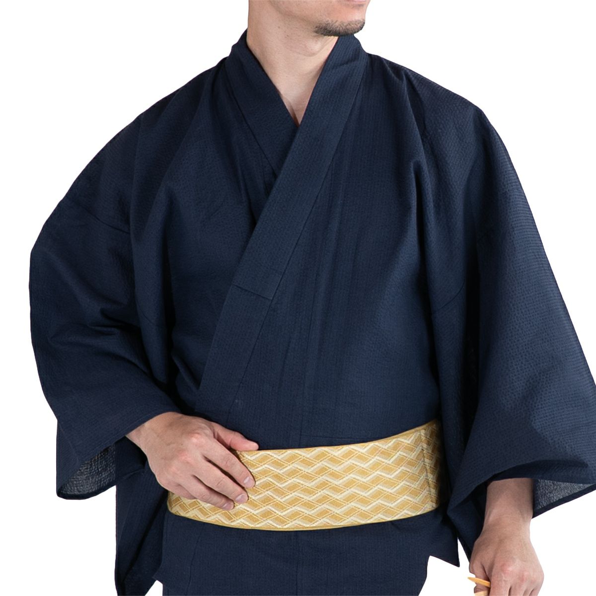 浴衣セット しじら 綿麻 紺 M～LL （浴衣+菱黄色角帯+腰紐）