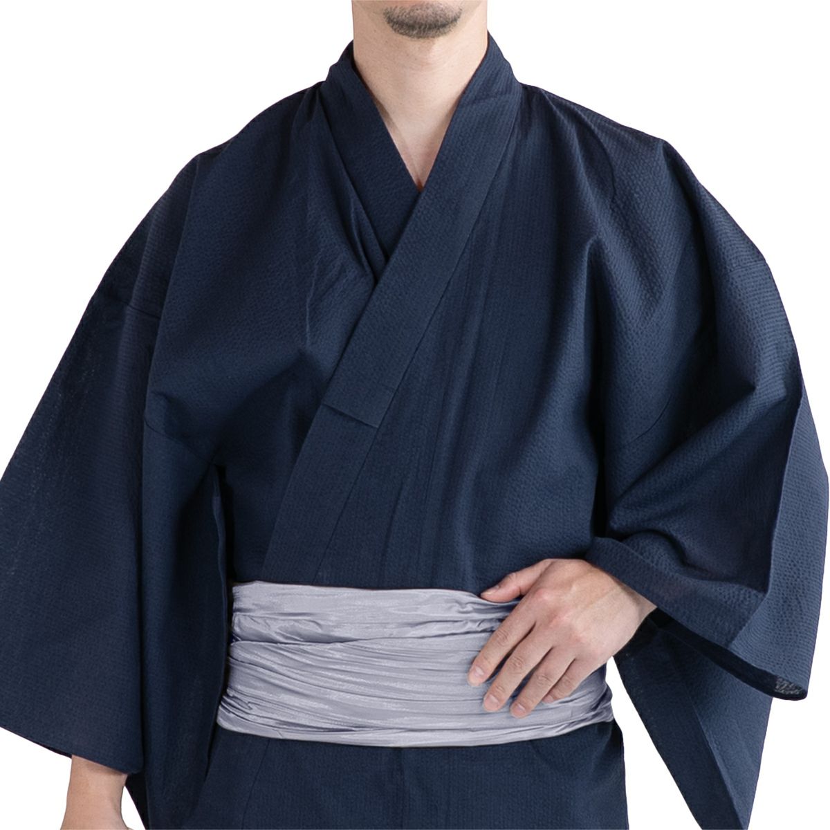 大きいサイズの浴衣セット しじら 綿麻 紺 3L～5L （浴衣+シルバー兵児帯+腰紐）
