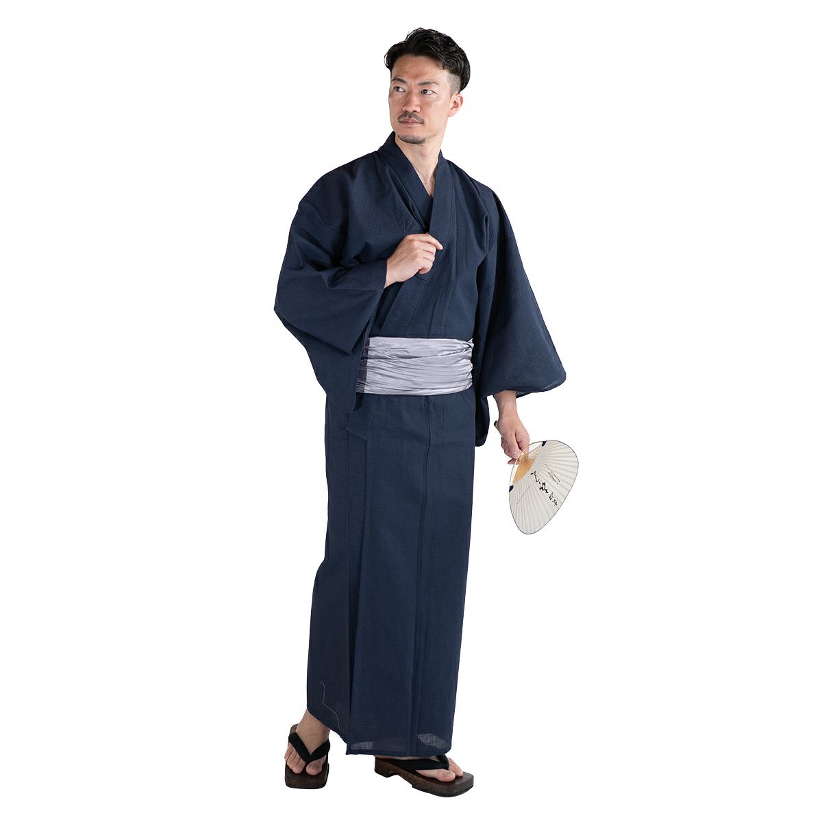 大きいサイズの浴衣セット しじら 綿麻 紺 3L～5L （浴衣+シルバー兵児帯+腰紐）