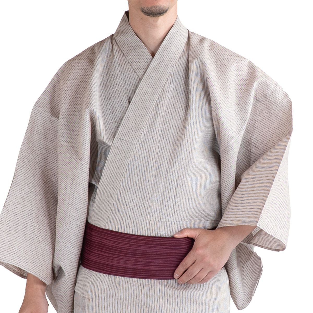 大きいサイズの浴衣セット しじら 綿麻 オフホワイト 3L～5L （浴衣+縞赤紫角帯+腰紐）