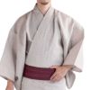 大きいサイズの浴衣セット しじら 綿麻 オフホワイト 3L～5L （浴衣+縞赤紫角帯+腰紐）
