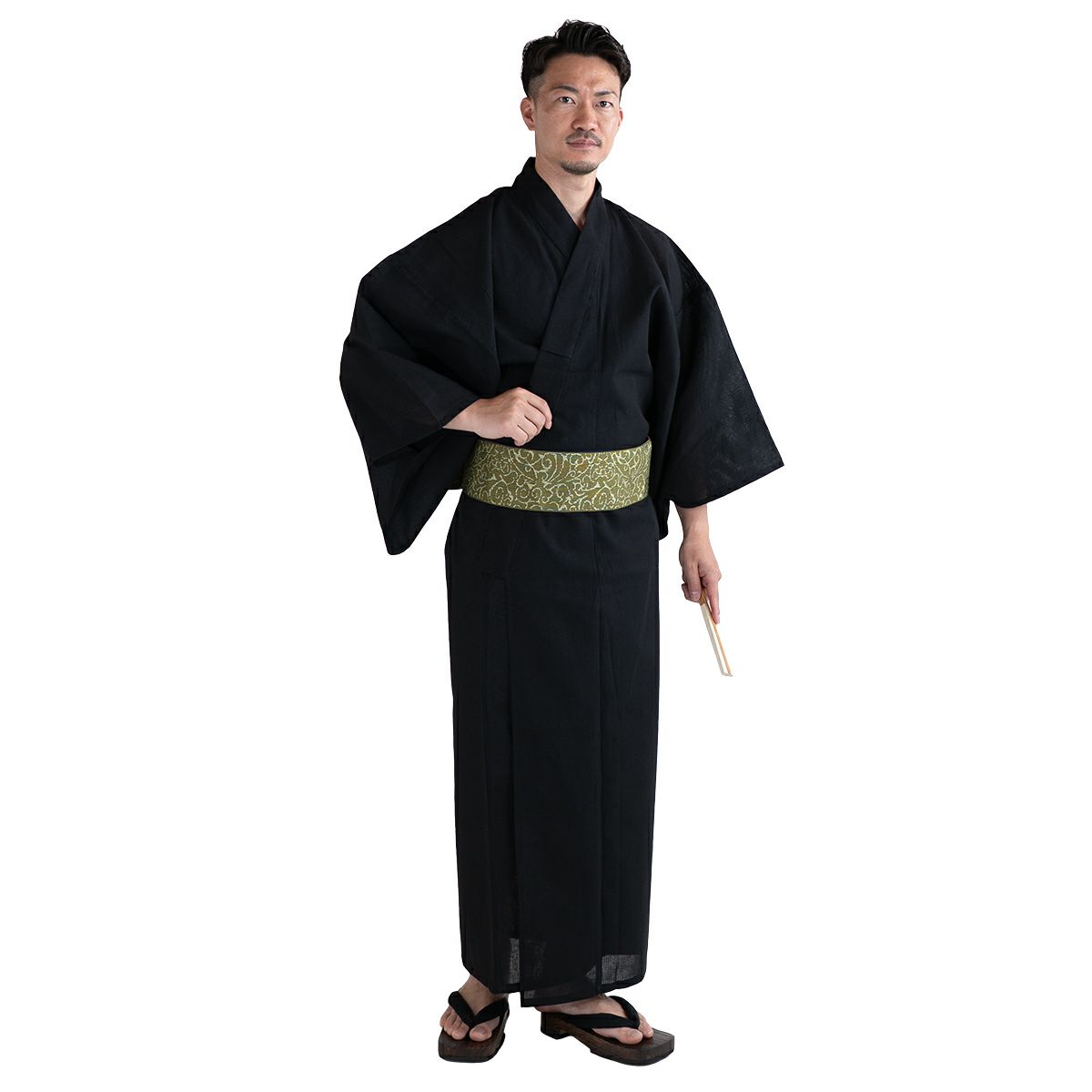 大きいサイズの浴衣セット しじら 綿麻 黒 3L～5L （浴衣+蔓カーキ角帯+腰紐）