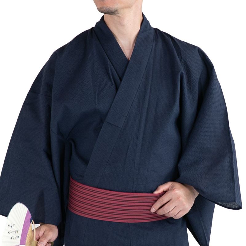 大きいサイズの浴衣セット しじら 綿麻 紺 3L～5L （浴衣+ワインレッド縞角帯+腰紐）