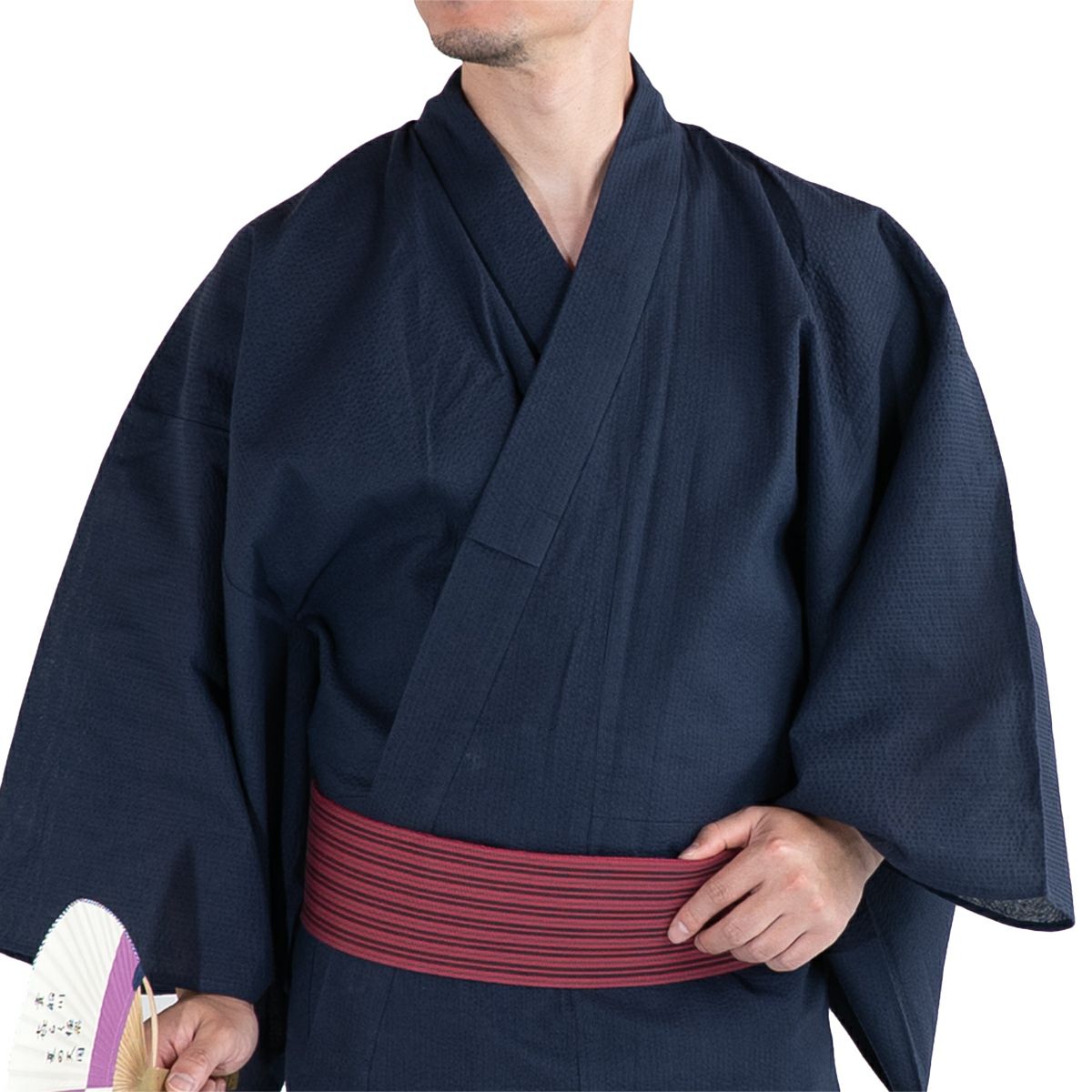 大きいサイズの浴衣セット しじら 綿麻 紺 3L～5L （浴衣+ワインレッド縞角帯+腰紐）