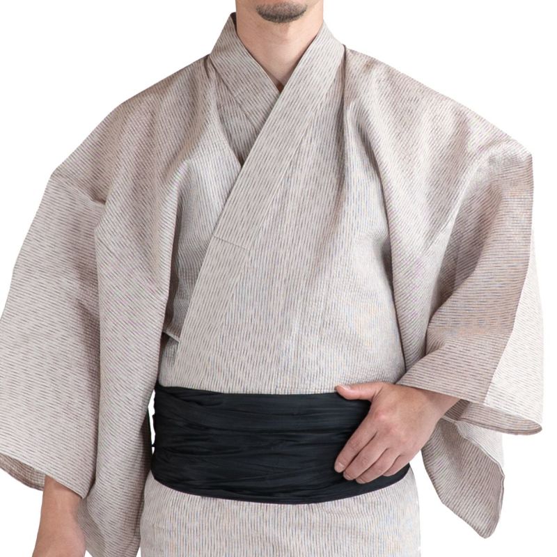 大きいサイズの浴衣セット しじら 綿麻 オフホワイト 3L～5L （浴衣+黒兵児帯+腰紐）