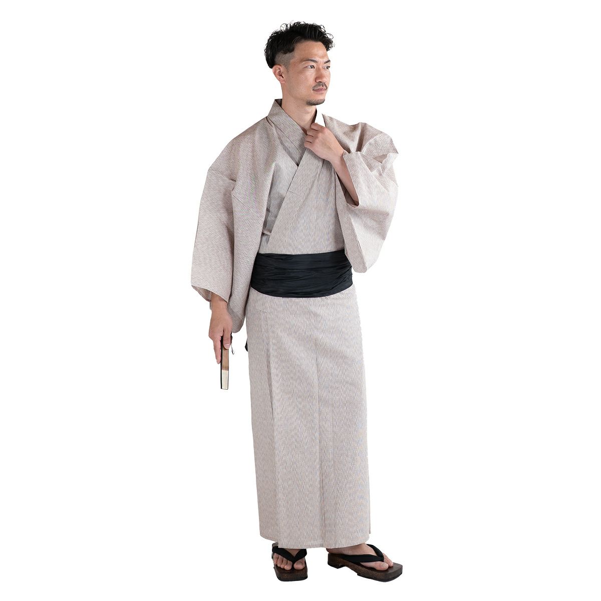 大きいサイズの浴衣セット しじら 綿麻 オフホワイト 3L～5L （浴衣+黒兵児帯+腰紐）