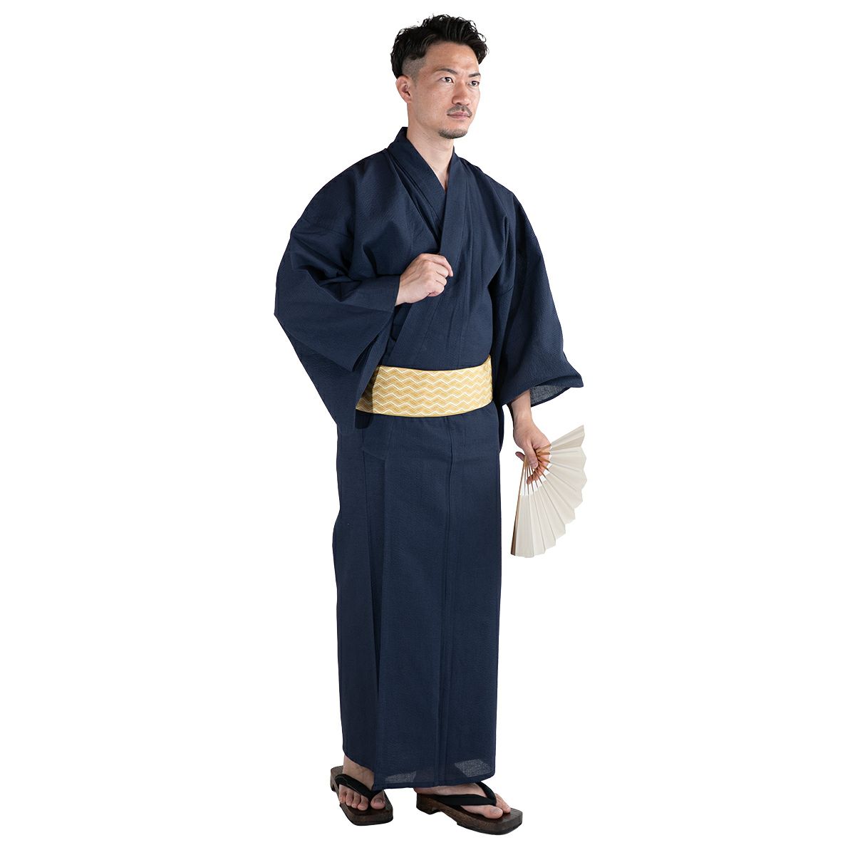 浴衣セット しじら 綿麻 紺 3L～5L （浴衣+菱黄色　角帯+腰紐）