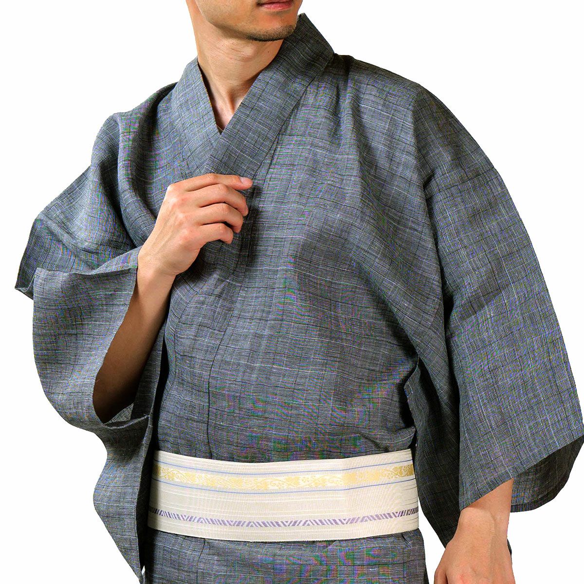 メンズ浴衣 単品 大きいサイズ 夏着物 近江ちぢみ本麻 グレー格子