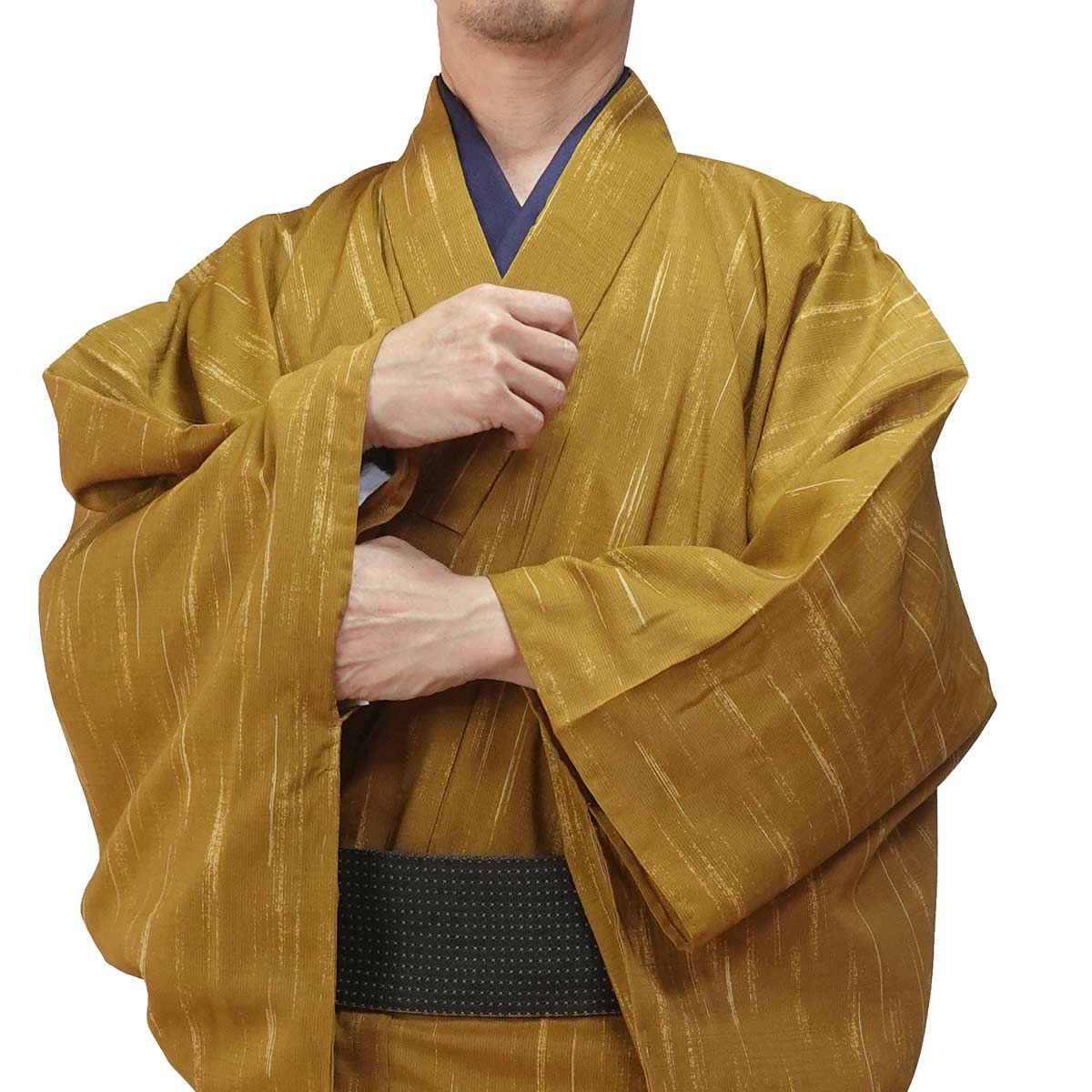 すぐに着られる夏着物 洗える 単衣 小紋 紗 かすれ縞 黄土色 170cm
