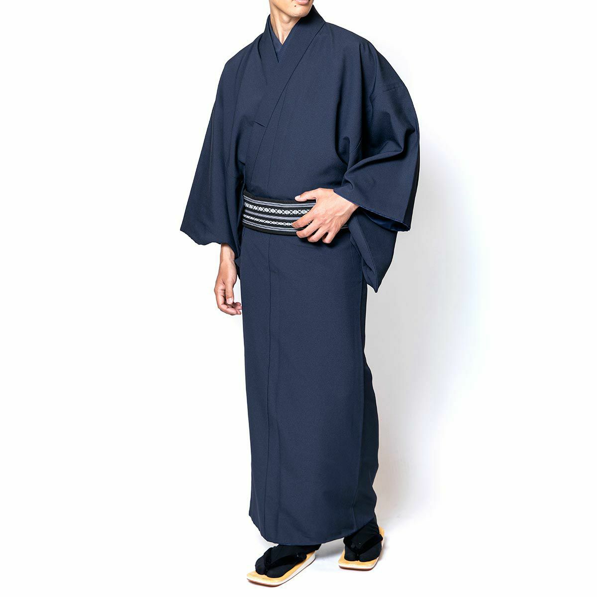 大きいサイズ すぐに着られる男着物 洗える ちりめん 単衣 4L 5L 濃紺